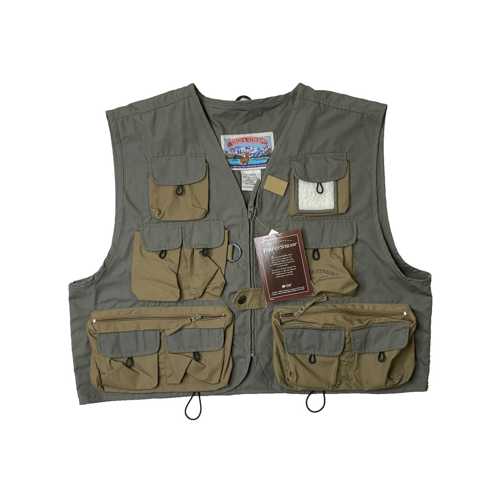 Vintage Field & Stream Vest Mens XL Army Green Missouri Full Zip Pockets Fishing